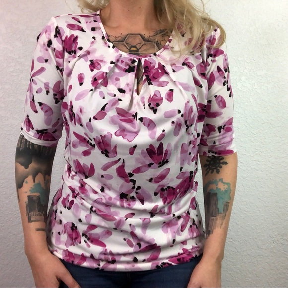 Ann Taylor Tops - Ann Taylor Blouse Watercolor Flowers Keyhole Light